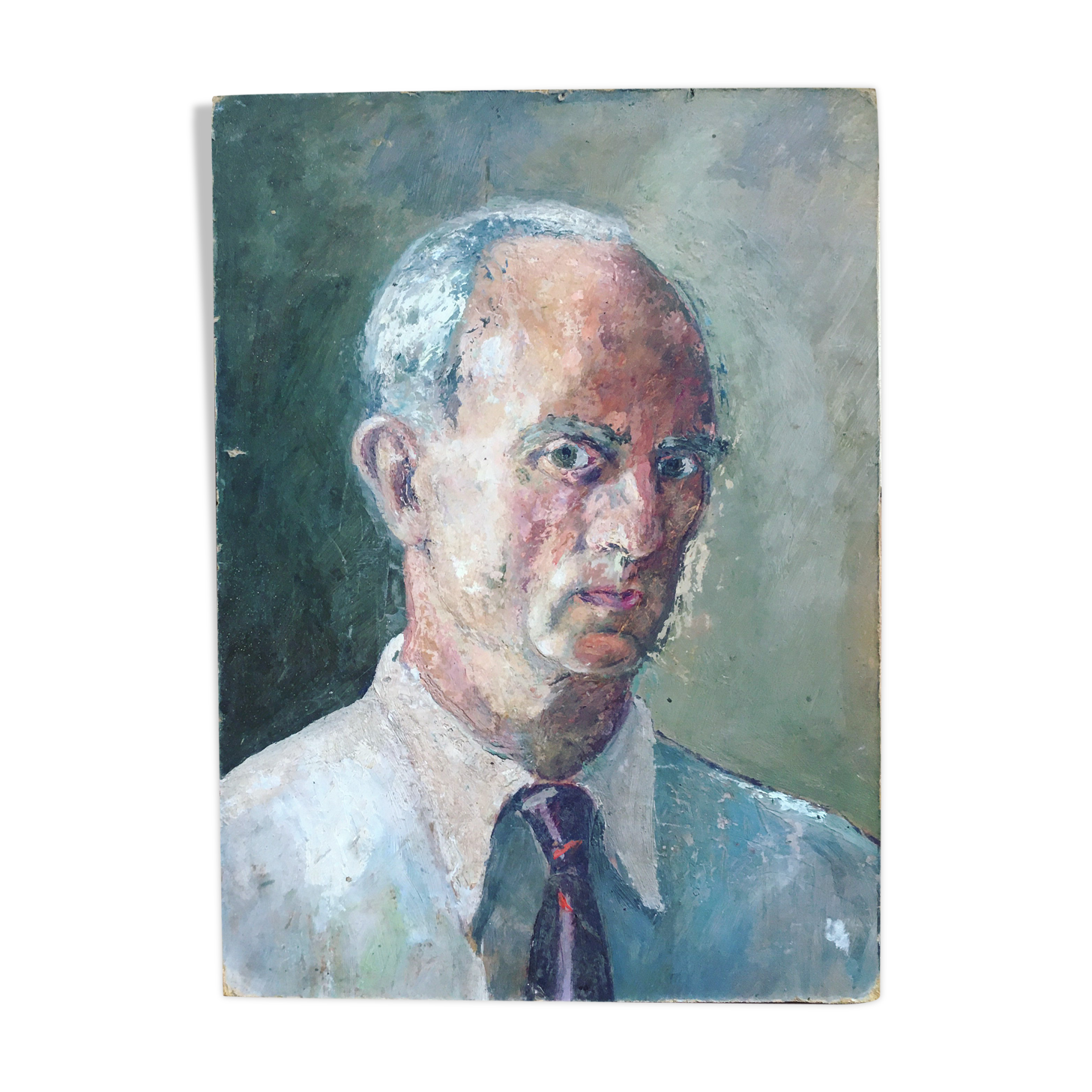 Portrait of a man with oil painting. Oil on Isorel. Oil painting. 1930s. Vintage portrait.