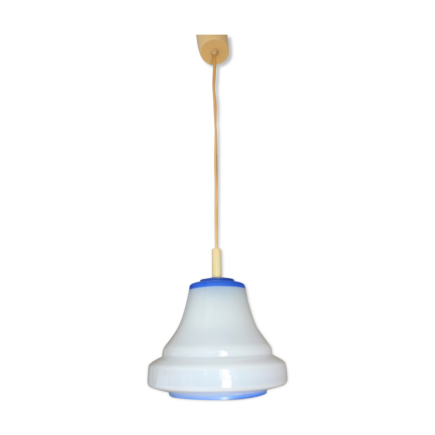 Bell hanging lamp in white and blue opaline 60s