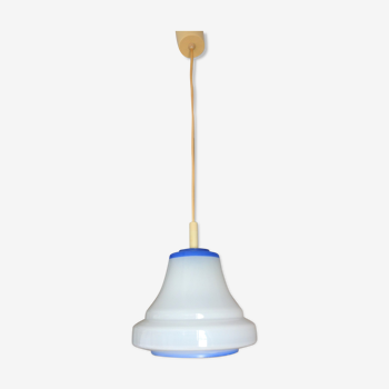 Suspension cloche en opaline blanche et bleue 60