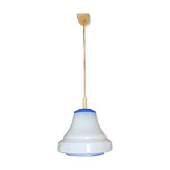 Bell hanging lamp in white and blue opaline 60s