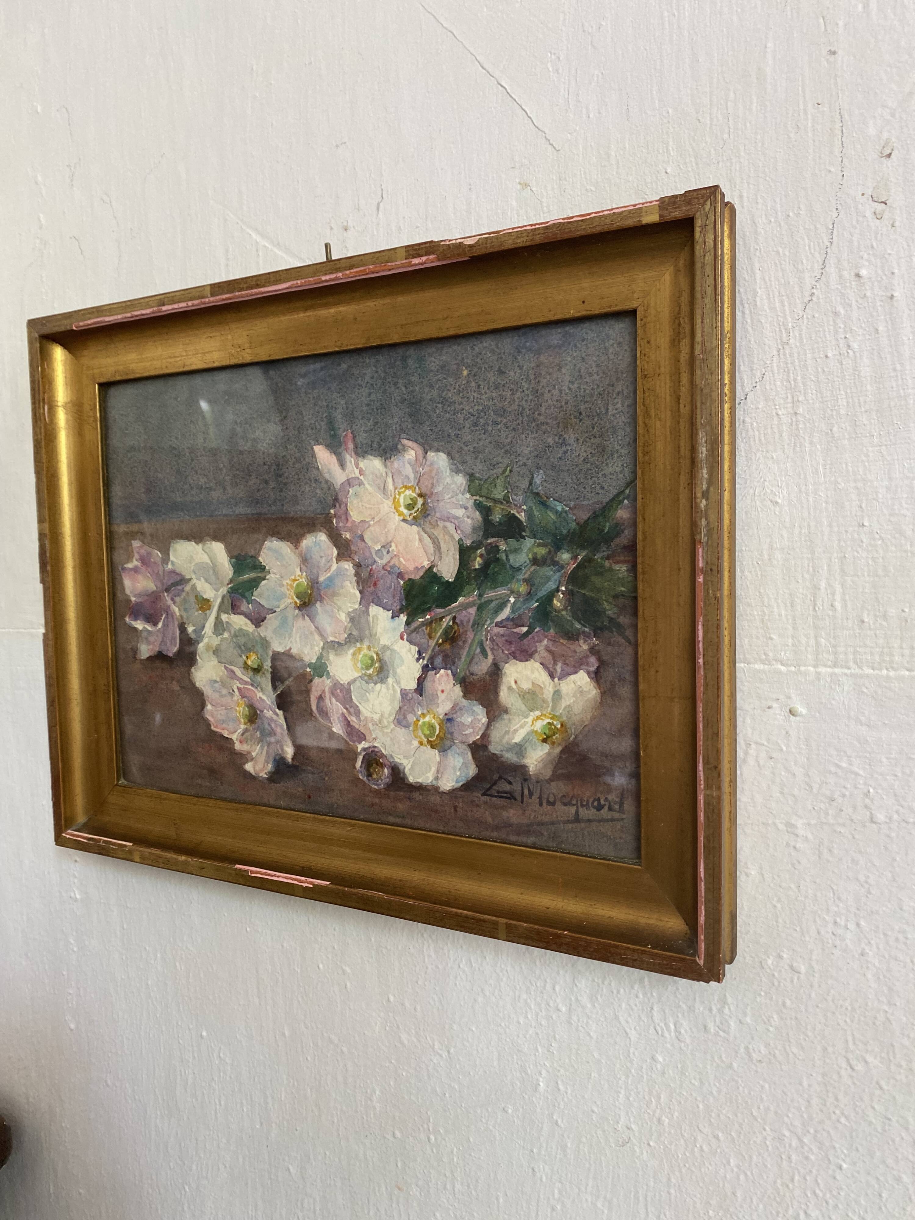 Aquarelle fleurs d'hellébores encadrée G. Mocquart