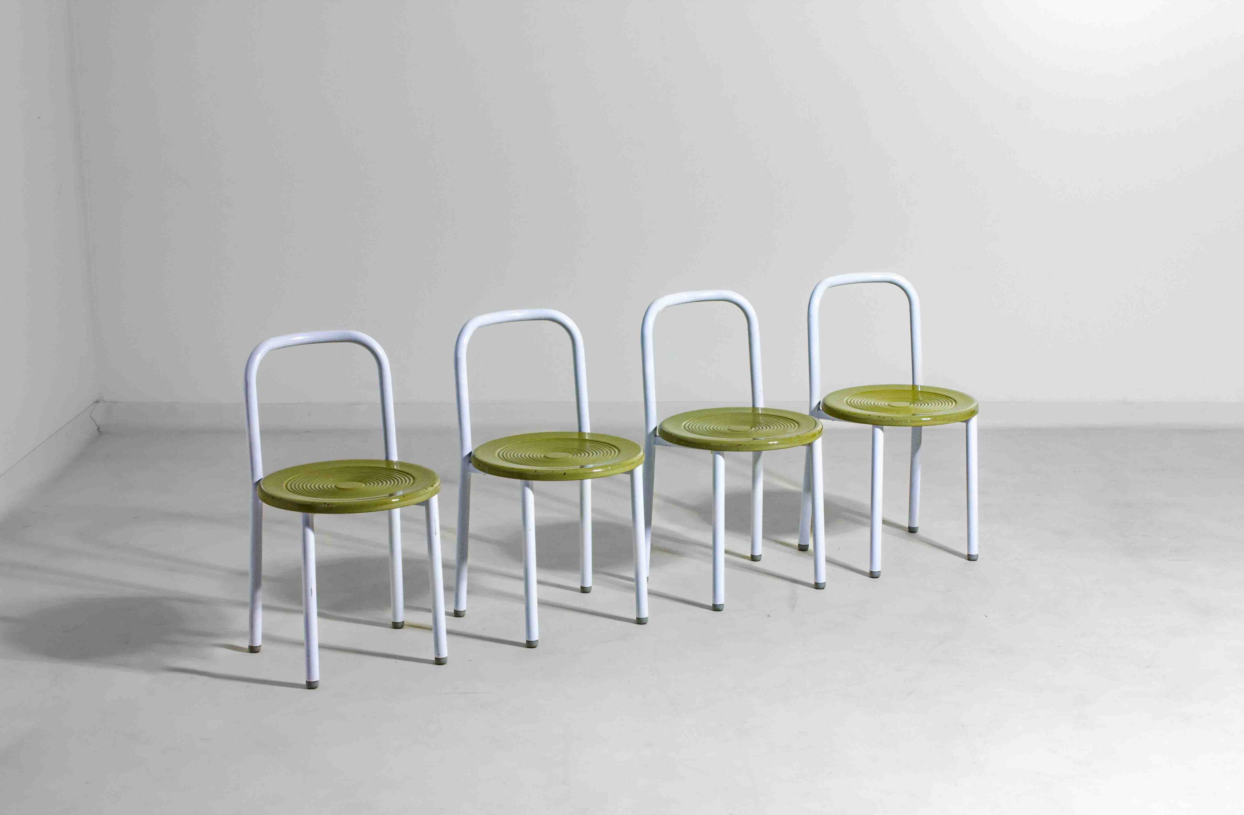 Set of four Italian postmodern metal chairs with sculpted seats, 1980s