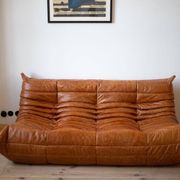 Pine leather Togo living room set attributed to Michel Ducaroy for Ligne Roset, 1979, set of 5