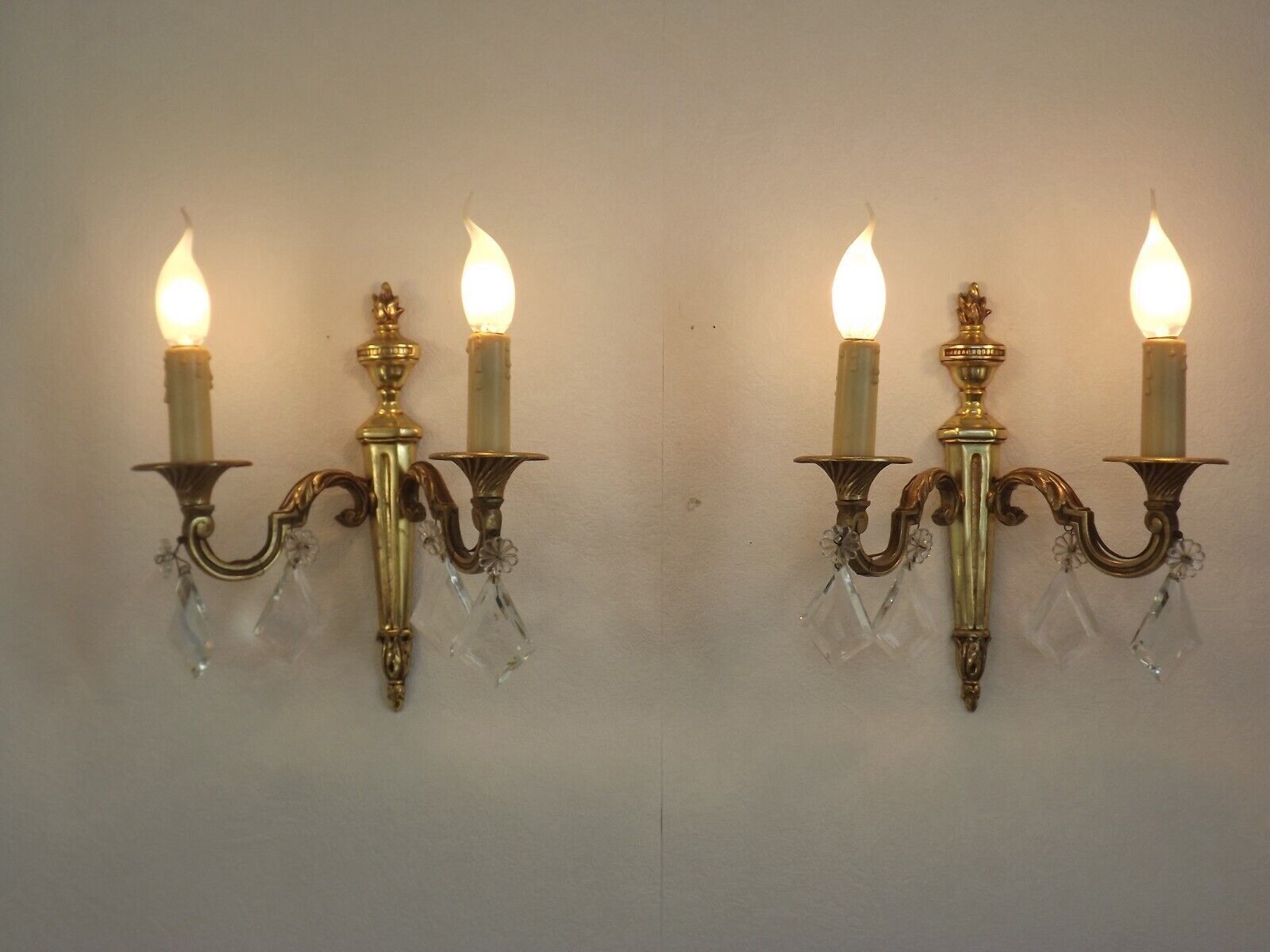 French Pair of Double Empire Brass Wall Sconces with Diamond Crystal Drops