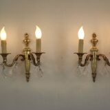 Paire française d'appliques murales double empire laiton avec gouttes de cristal diamant
