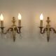 French Pair of Double Empire Brass Wall Sconces with Diamond Crystal Drops