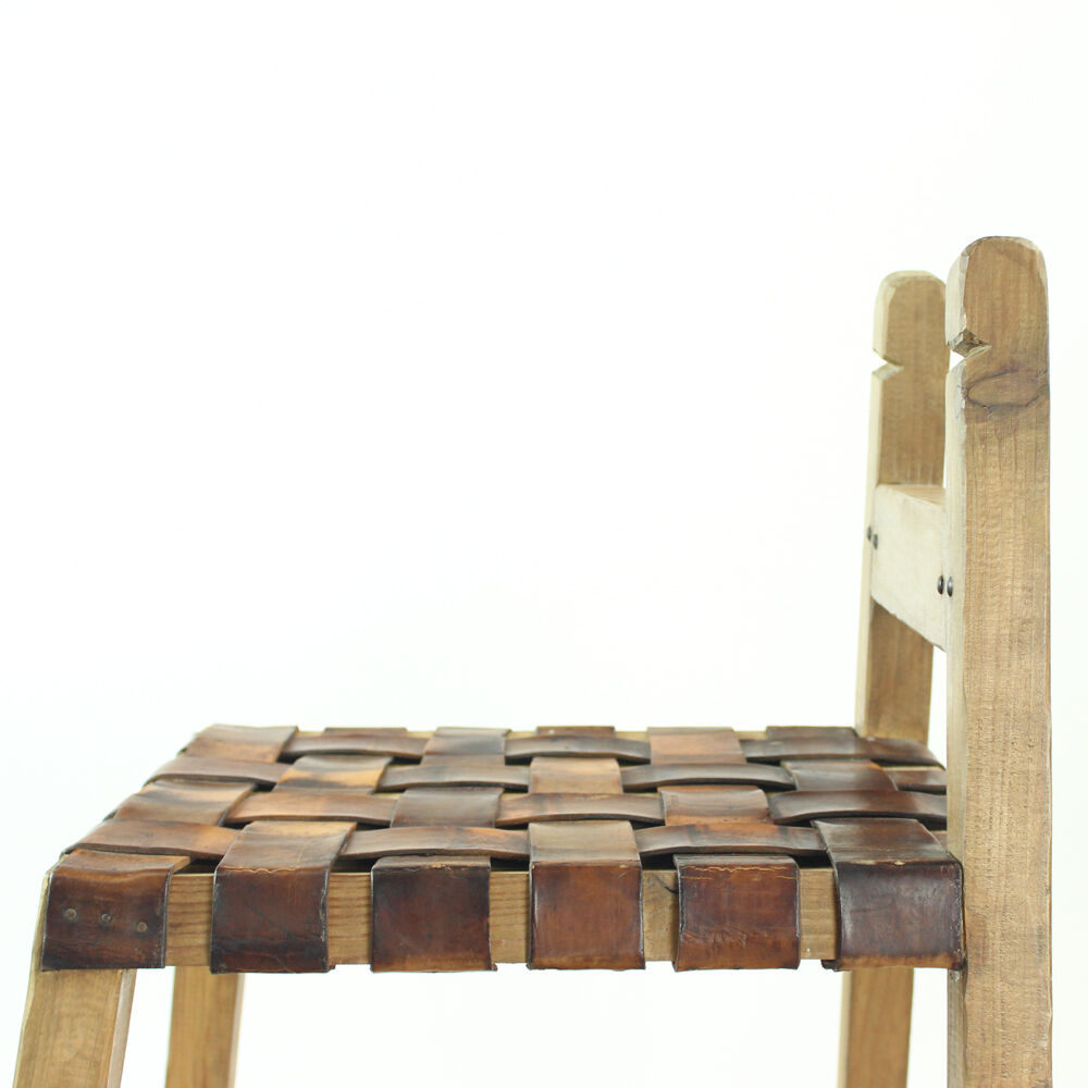 Tabourets de barre de cru en bois et cuir, Tchécoslovaquie années 1950