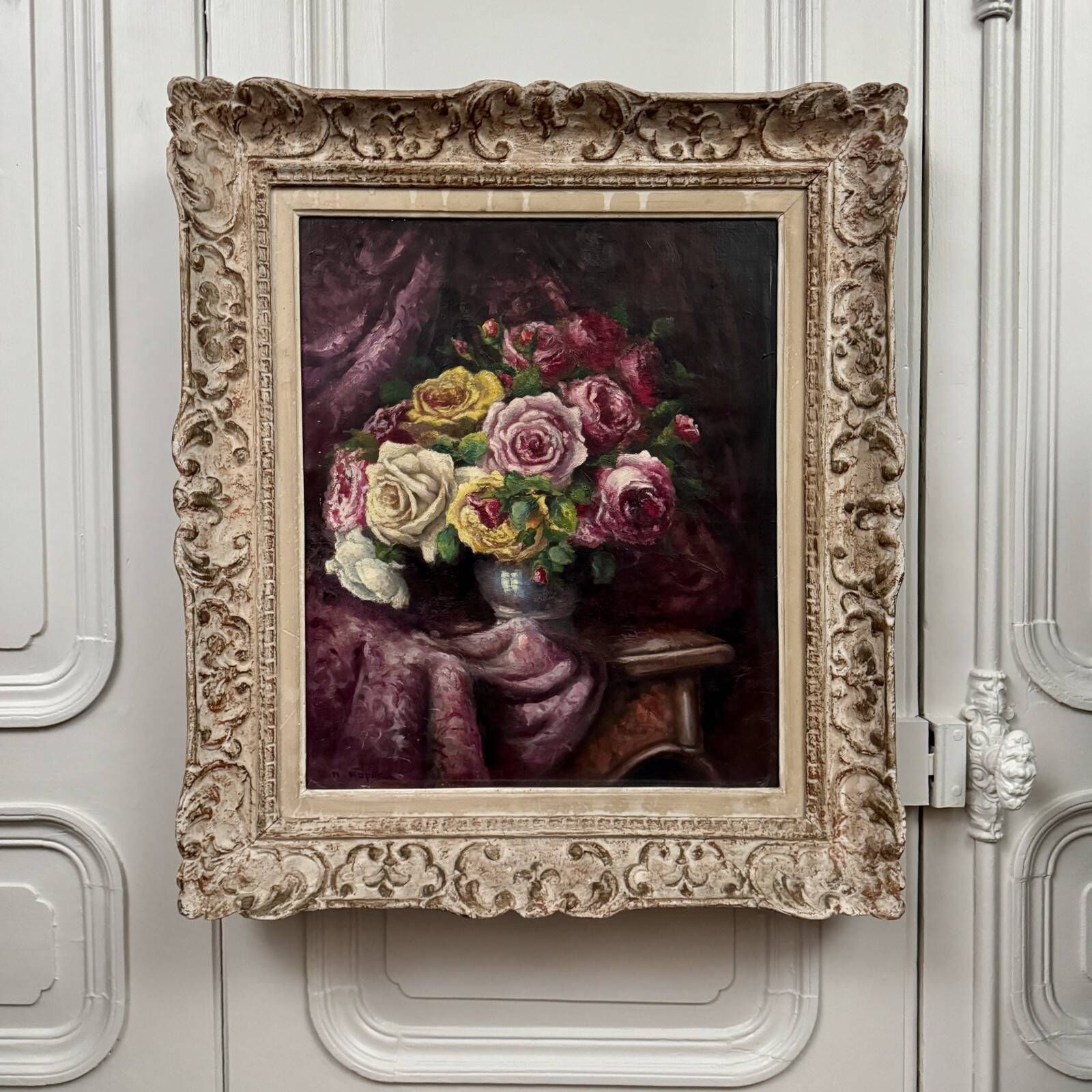 Oil on canvas bouquet of roses and drapery 20th century by R. Roque cerused frame