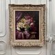 Oil on canvas bouquet of roses and drapery 20th century by R. Roque cerused frame