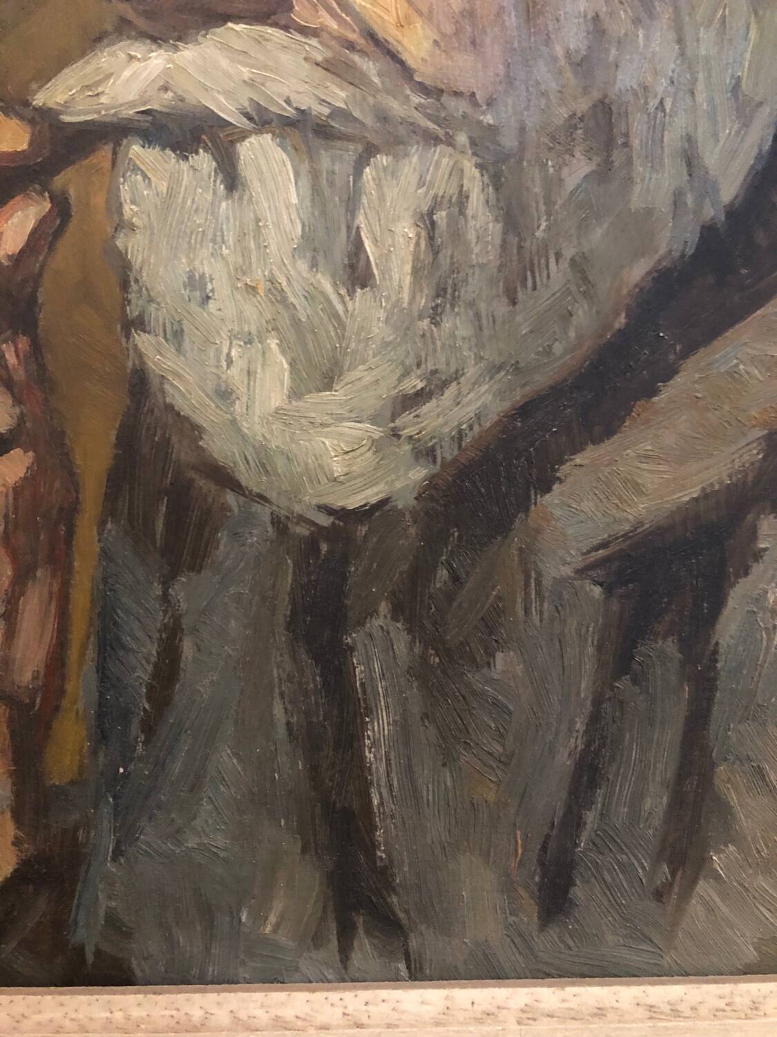 Oil on panel portrait of elderly man with pipe signed