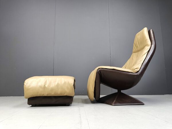 Fauteuil en cuir vintage pivotant avec repose-pieds, années 1970