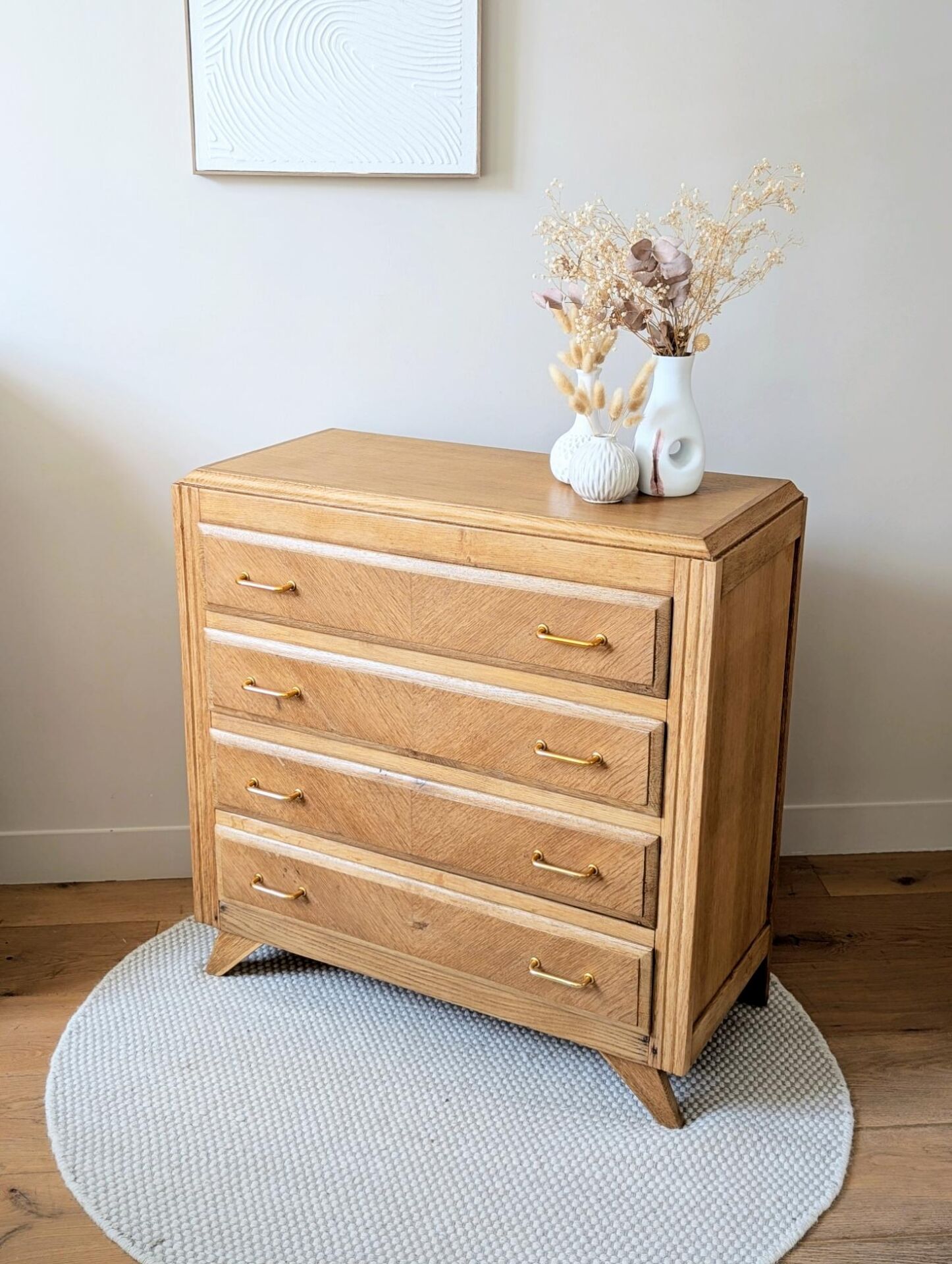 Commode vintage rénovée, chêne blond, pieds compas, années 50 60