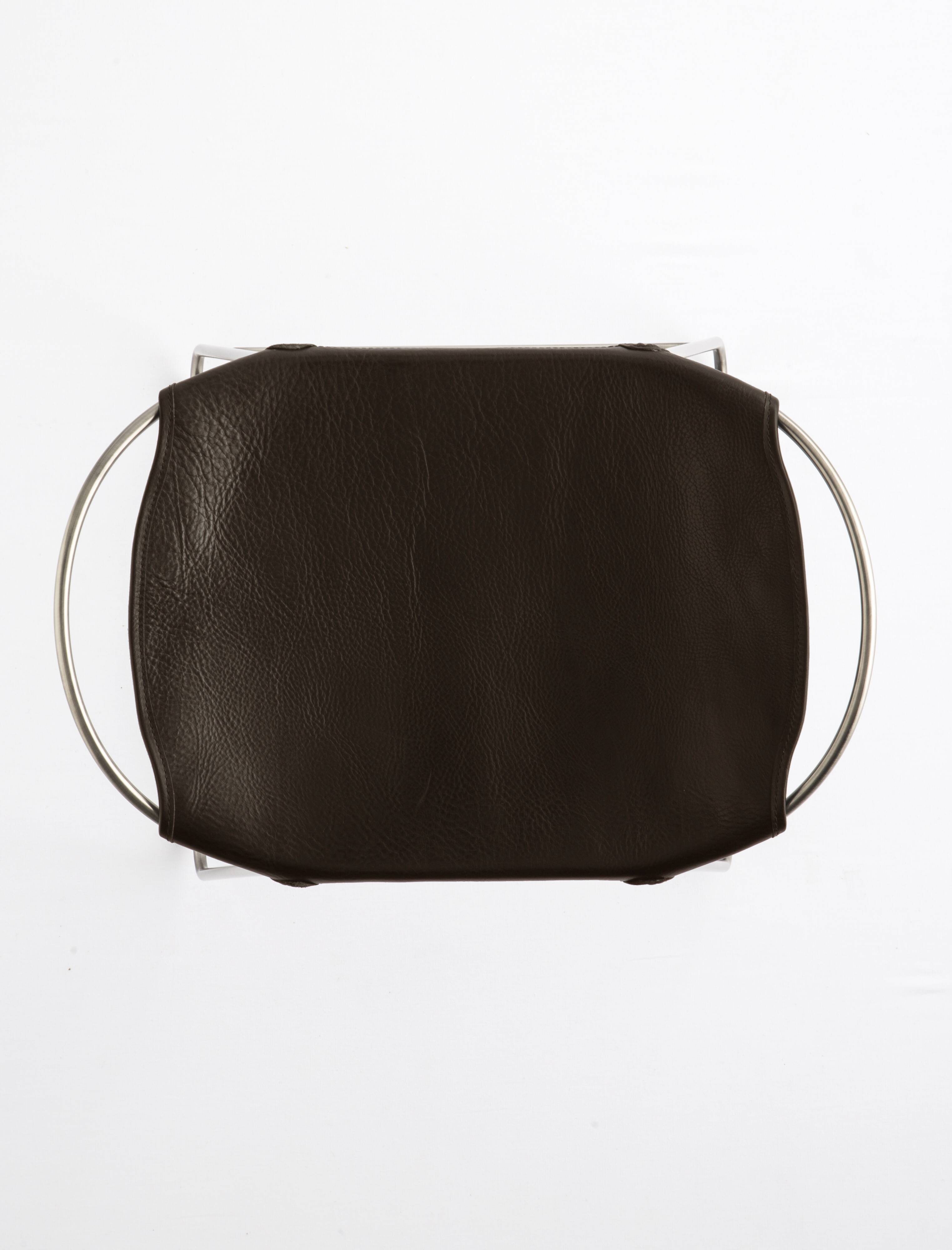 Contemporary Kitchen Counter Stool Old Silver Steel & Dark Brown Leather