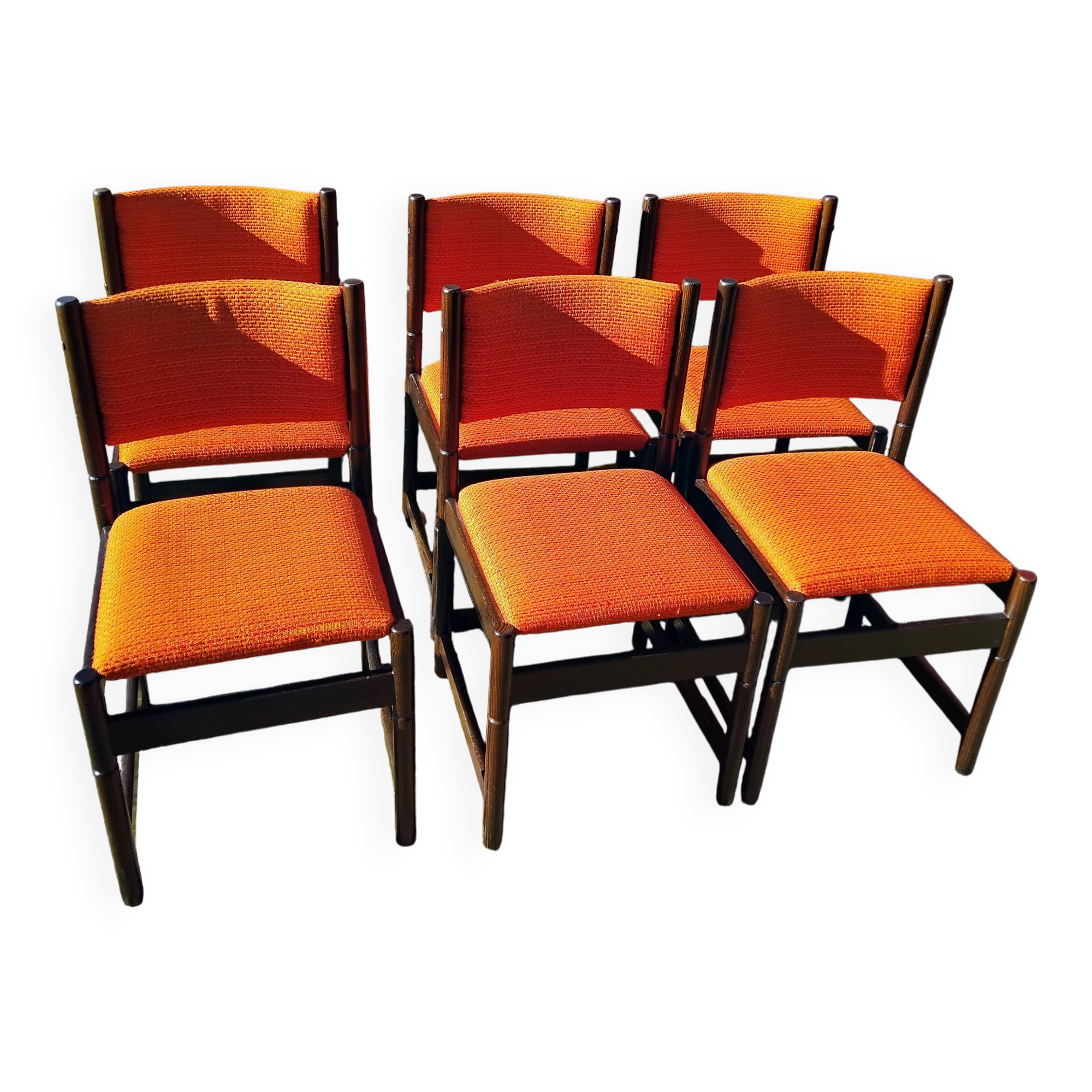 6 vintage wooden and orange fabric chairs