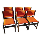 6 vintage wooden and orange fabric chairs