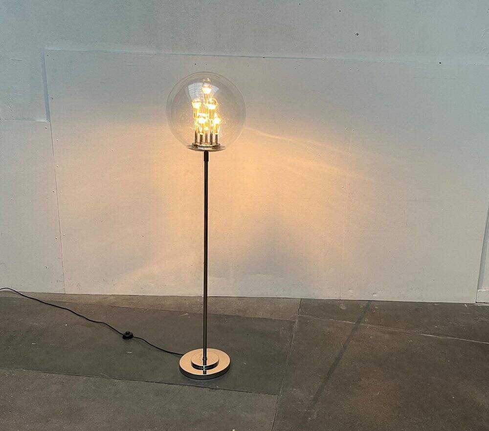 Spherical chrome and glass planetary floor lamp from the mid-century German space age by Doria Leuchten, 1960s.