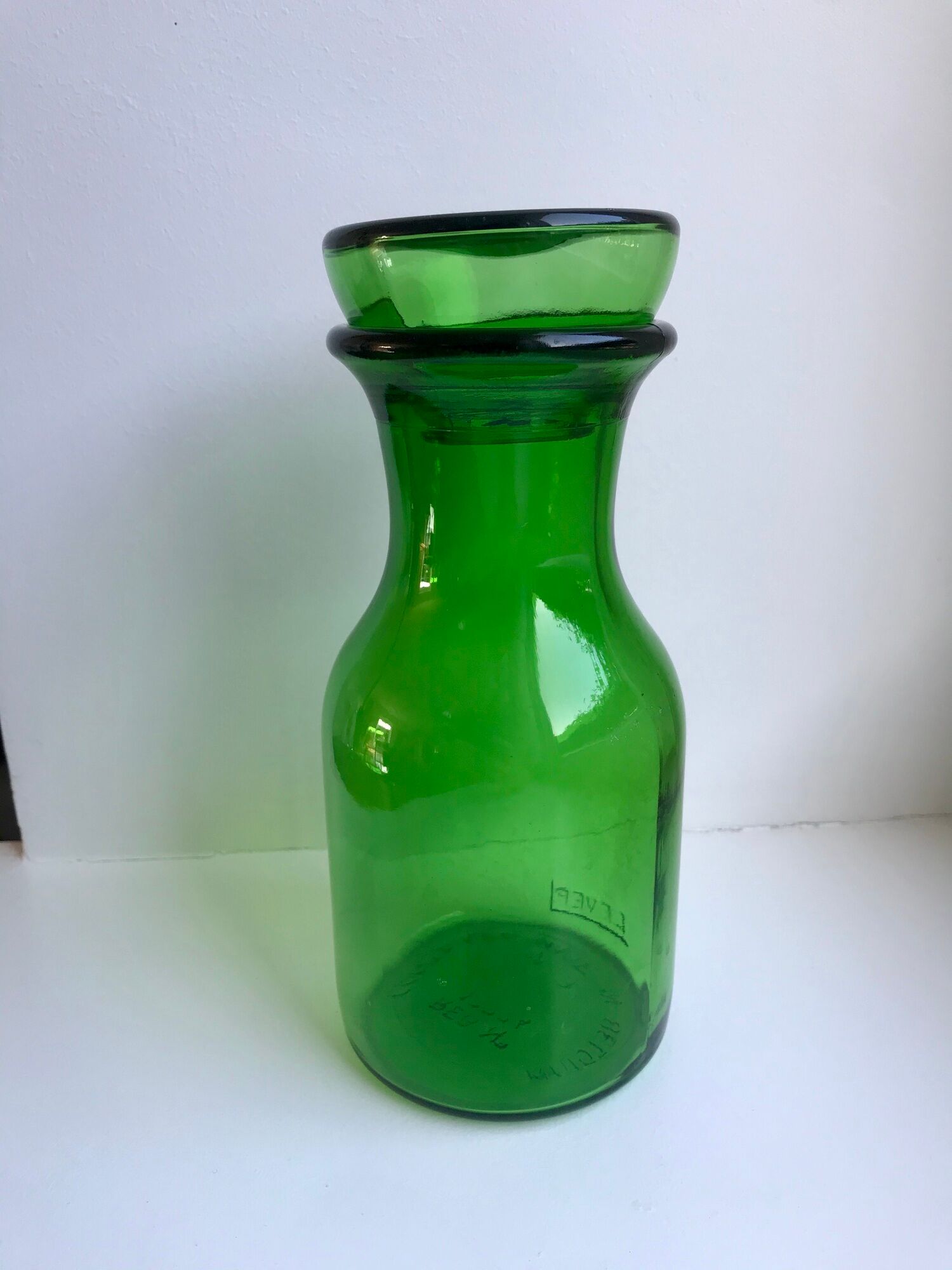 Green glass apothecary decanter made in belgium 70s