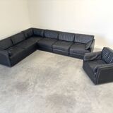 Grand canapé modulable en cuir noir, années 1970