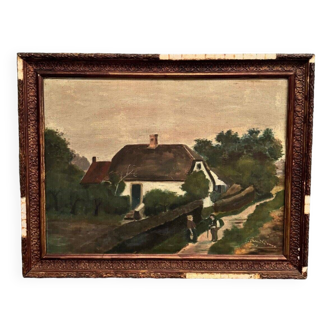 Huile sur toile début XXe par Fernande Prudhomme 1910 paysage du Nord Denain