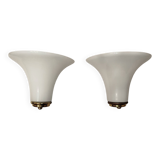 Pair of Italian wall sconces, frosted glass, brass.
