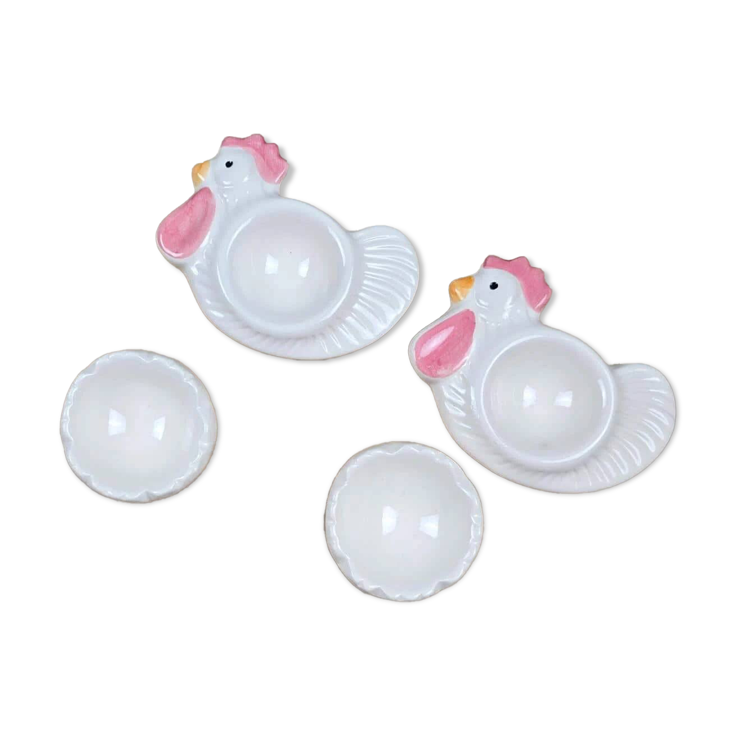Vintage egg service for 2: Chicken egg cups & shells + fabric hats