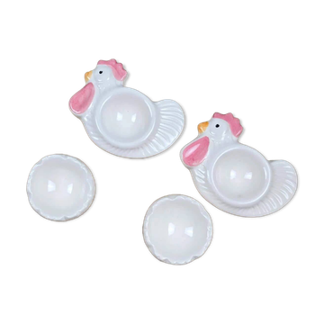 Service à œufs vintage pour 2 : Coquetiers poules & coquilles + bonnets en tissu