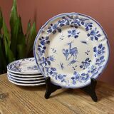Ensemble de 6 assiettes à dessert décor bleu Moustiers