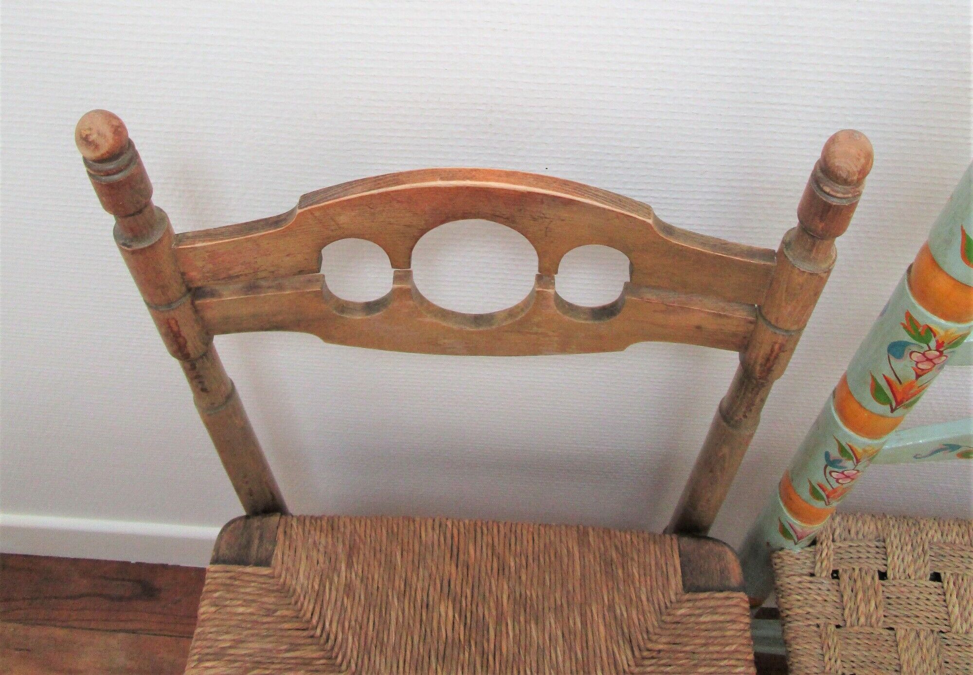 Two chairs patinated polka dots and painted wood folk art seat vintage straw
