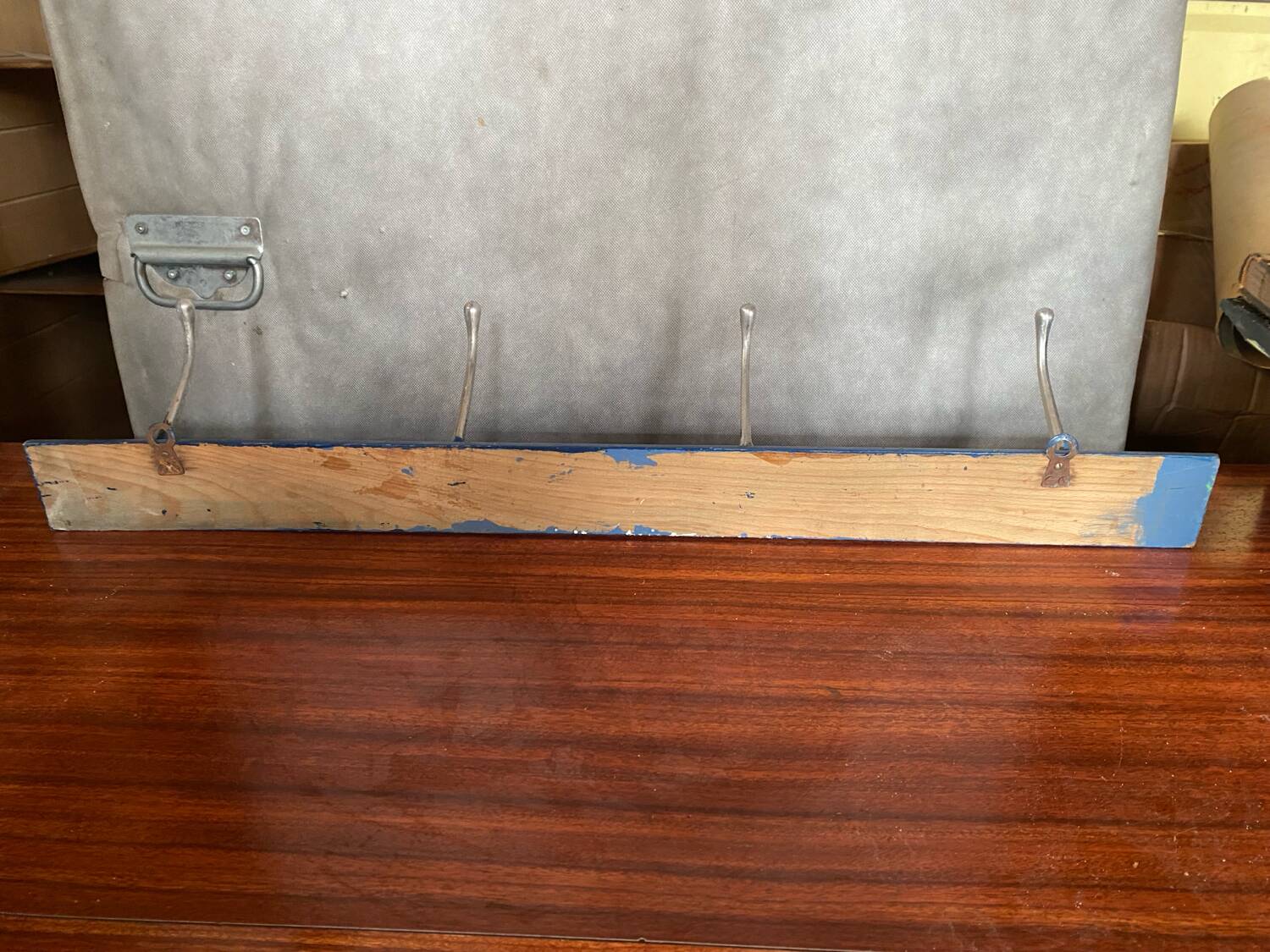 Old blue wood wall coat rack + 4 vintage aluminum hooks