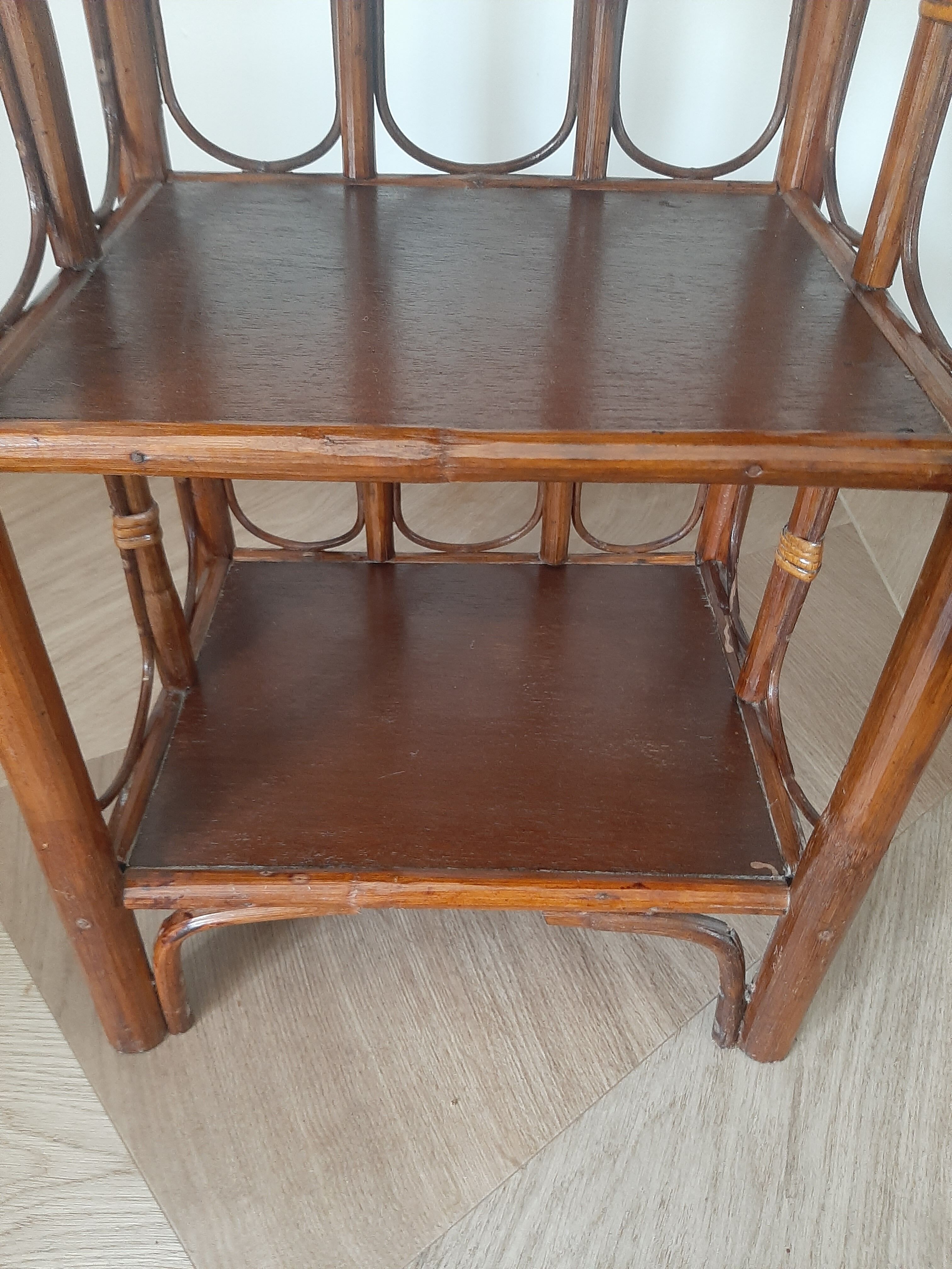Vintage - set of 2 shelves of wooden floor, bamboo and rattan - 3 levels- retro 80s