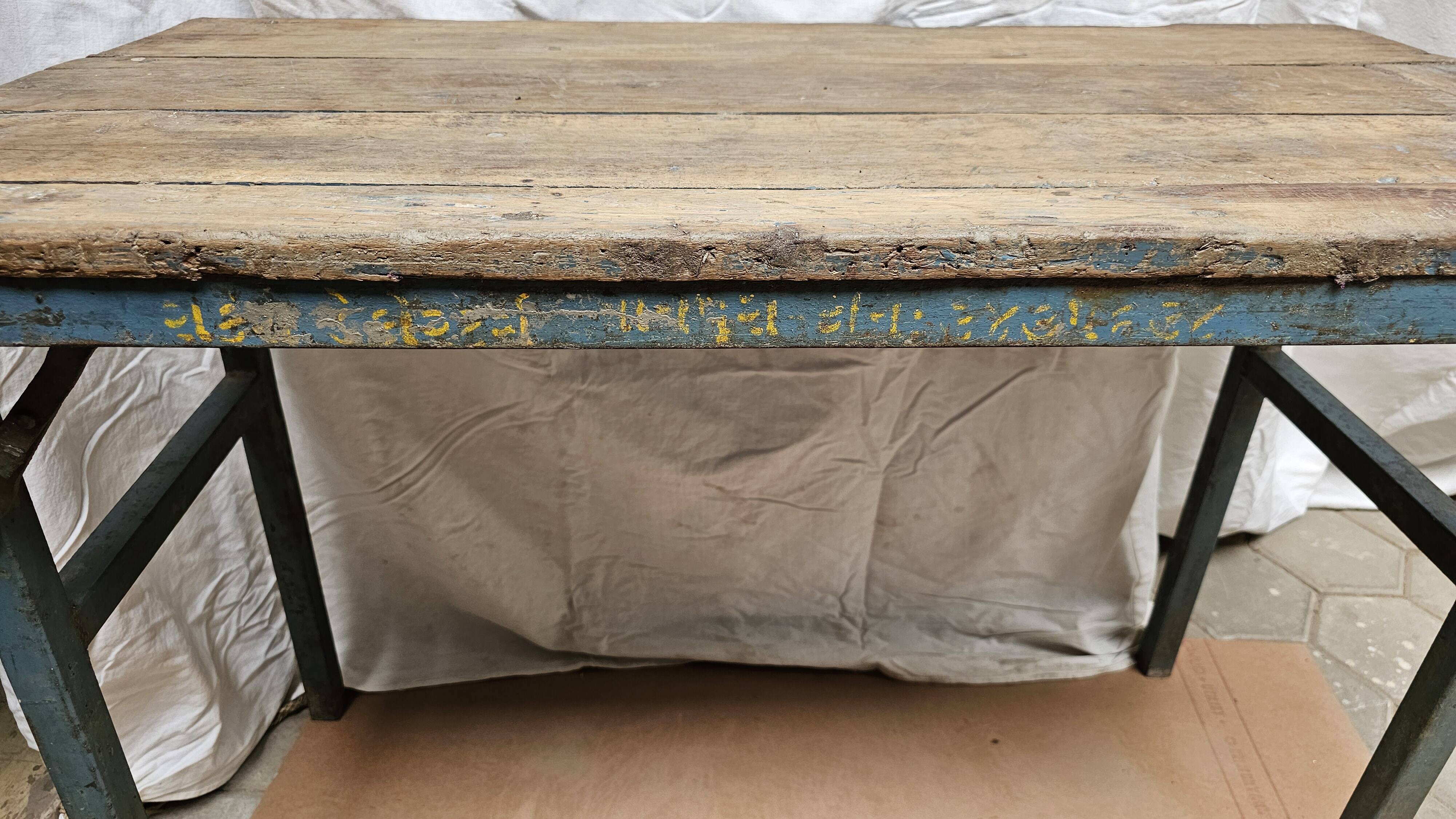 Folding workshop table in teak and wrought iron