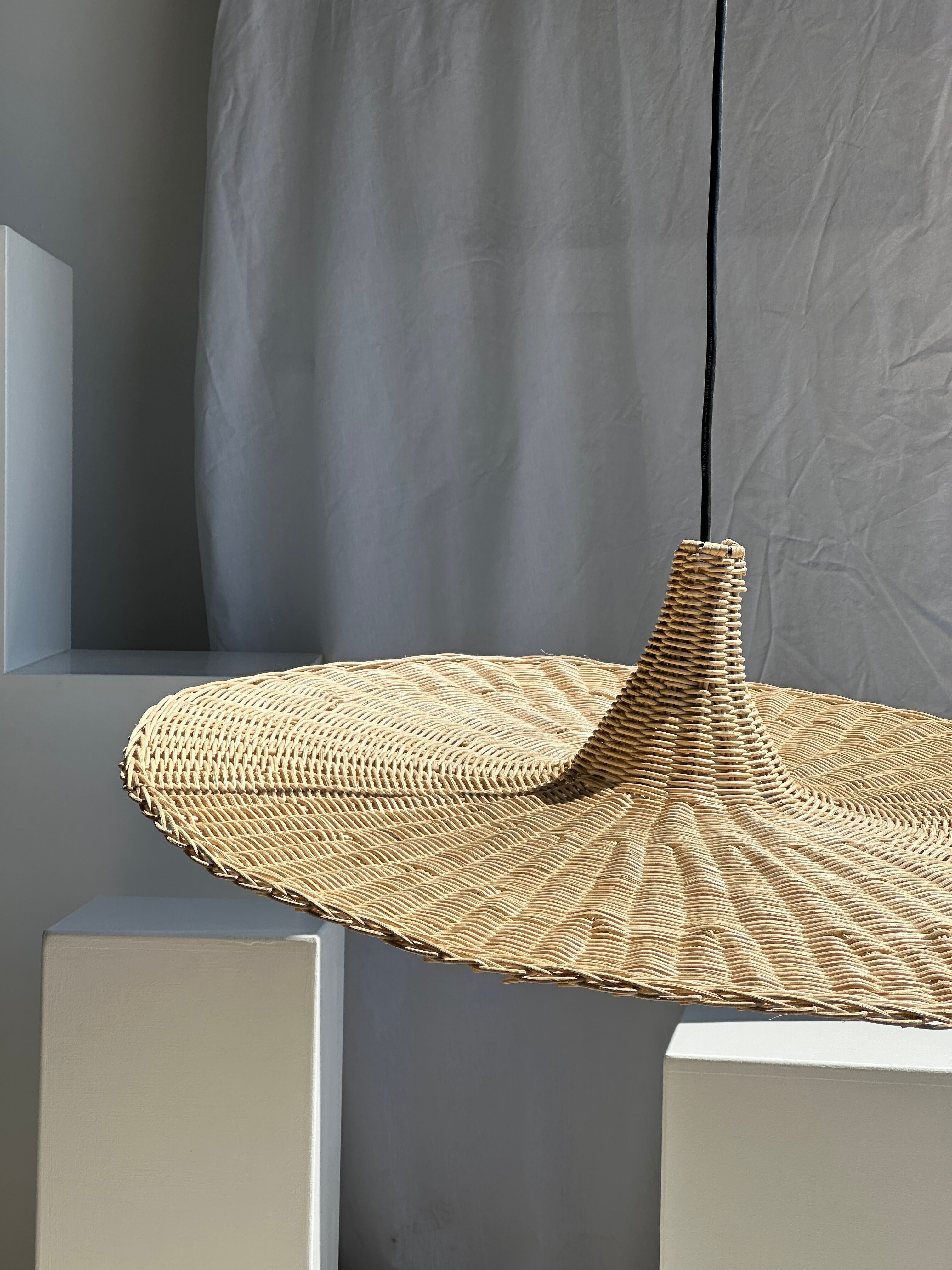 Large suspension, rattan luminaire in hat shape D:80cm