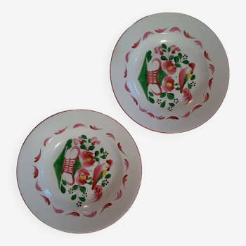 Two old plates, rooster on a basket, Luneville
