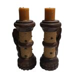 Duo of Wooden Candle Holders with Brutalist-Style Rope Decor