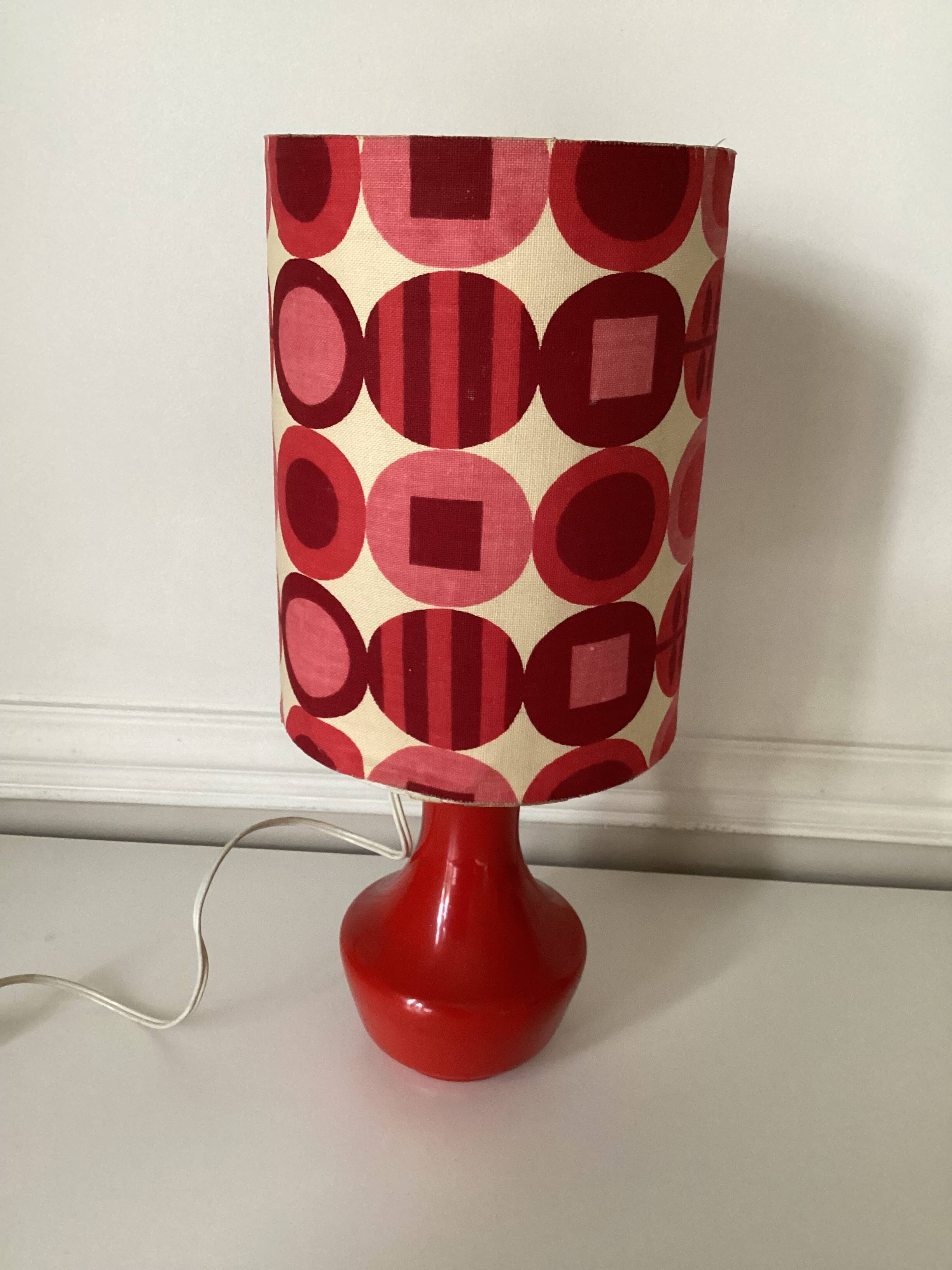 Vintage lamp with glass base and textile lampshade, 1970s
