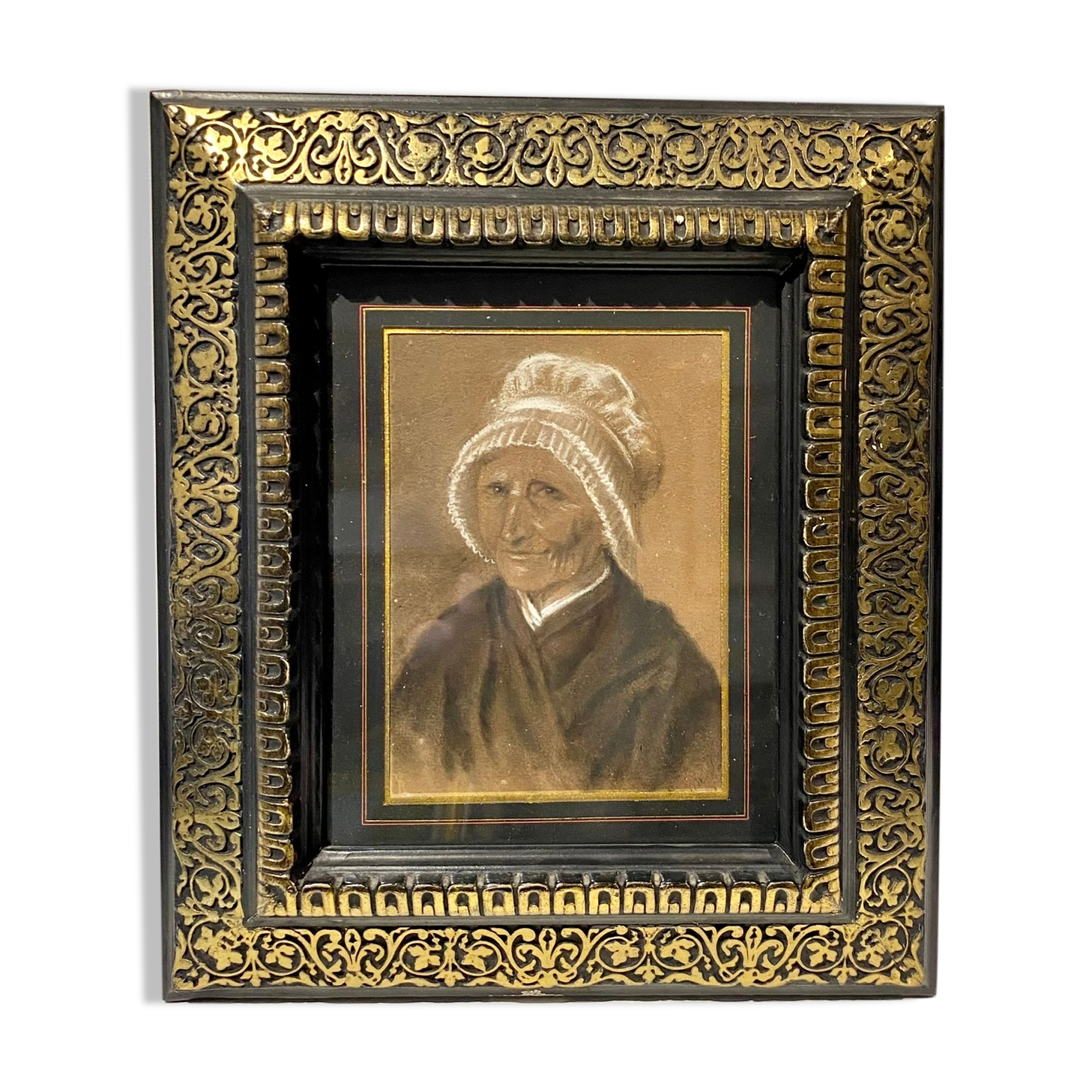 Old painting, portrait of a Breton woman with a white headdress at the end of the nineteenth century