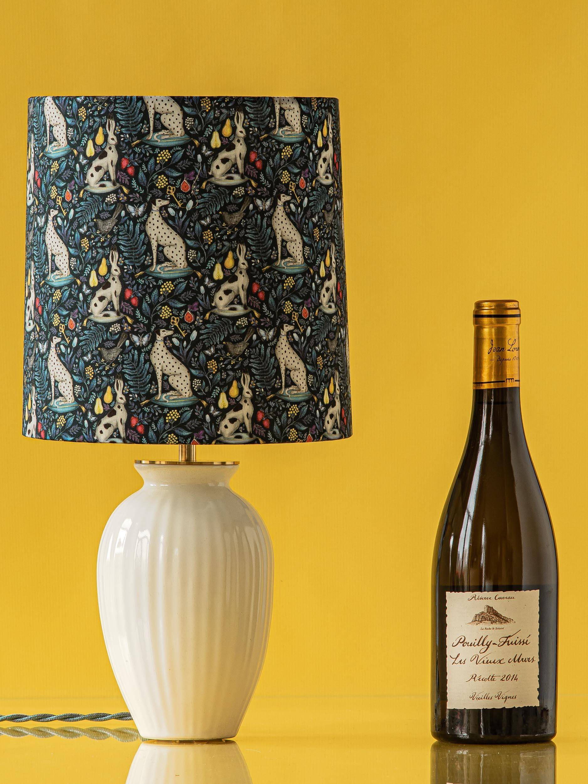 Royal Delft white ceramic table lamp with Liberty London shade, 1930s.