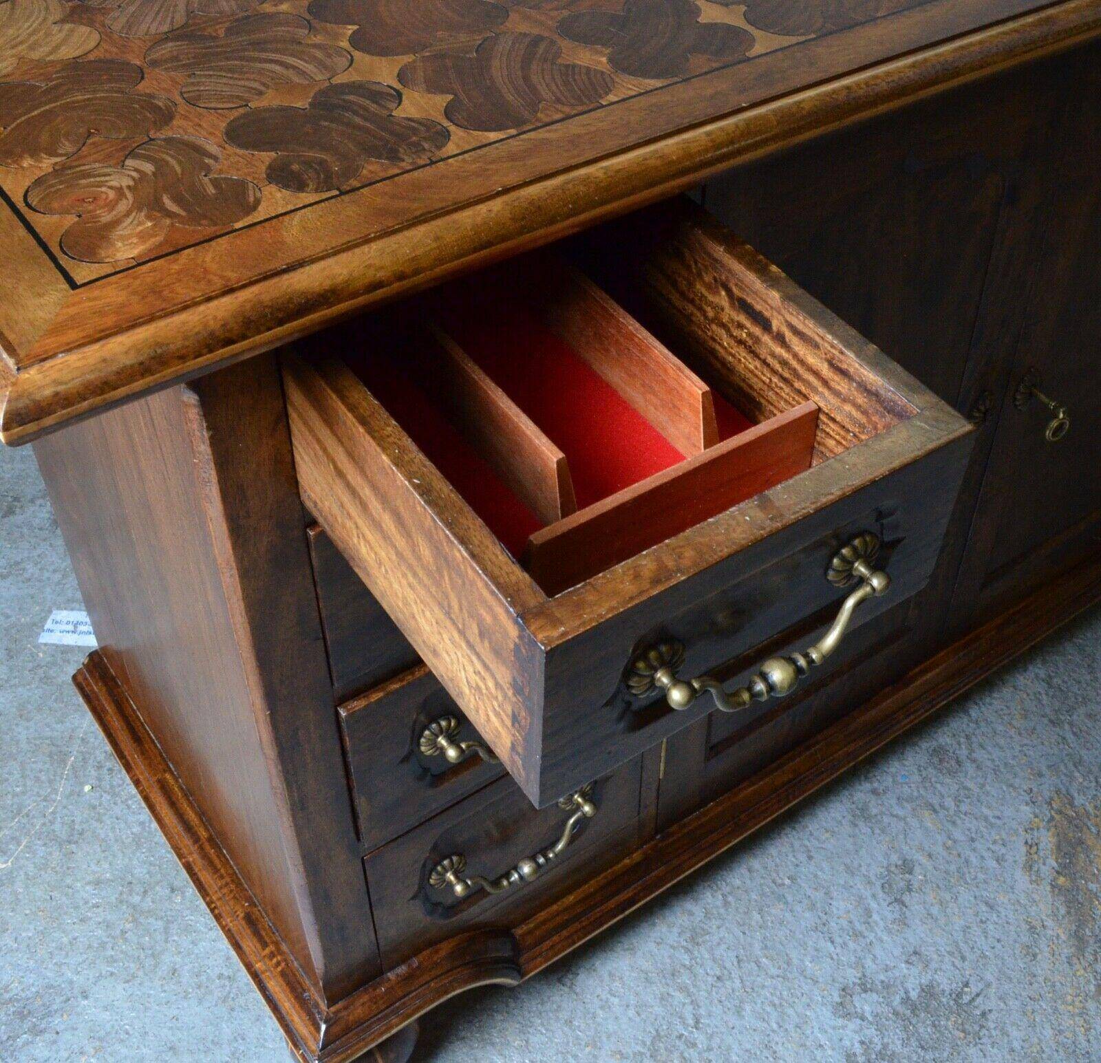 Rustic walnut sideboard with inlaid parquetry, vintage quality.