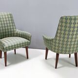 Pair of High-Quality Green Patterned Fabric and Beech Armchairs, Italy