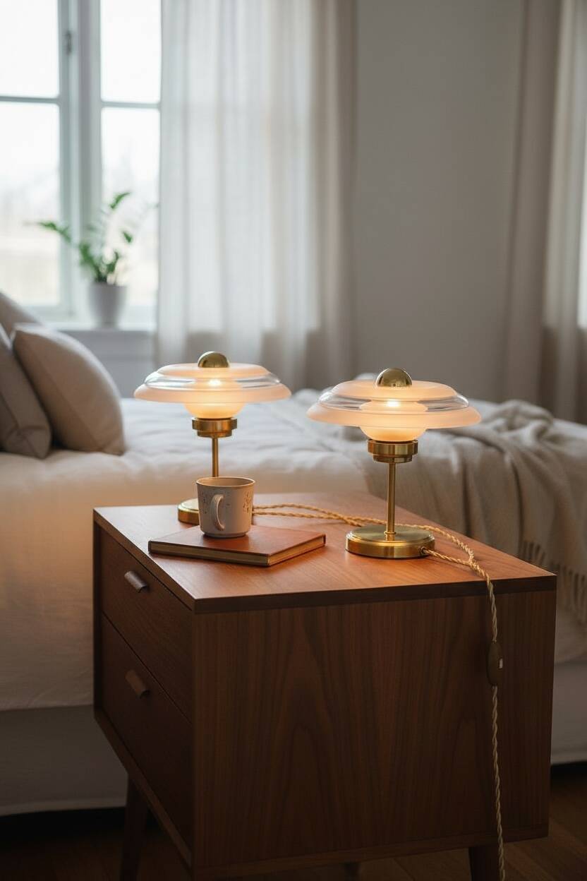Pair of Art Deco bedside lamps in brass and engraved glass.