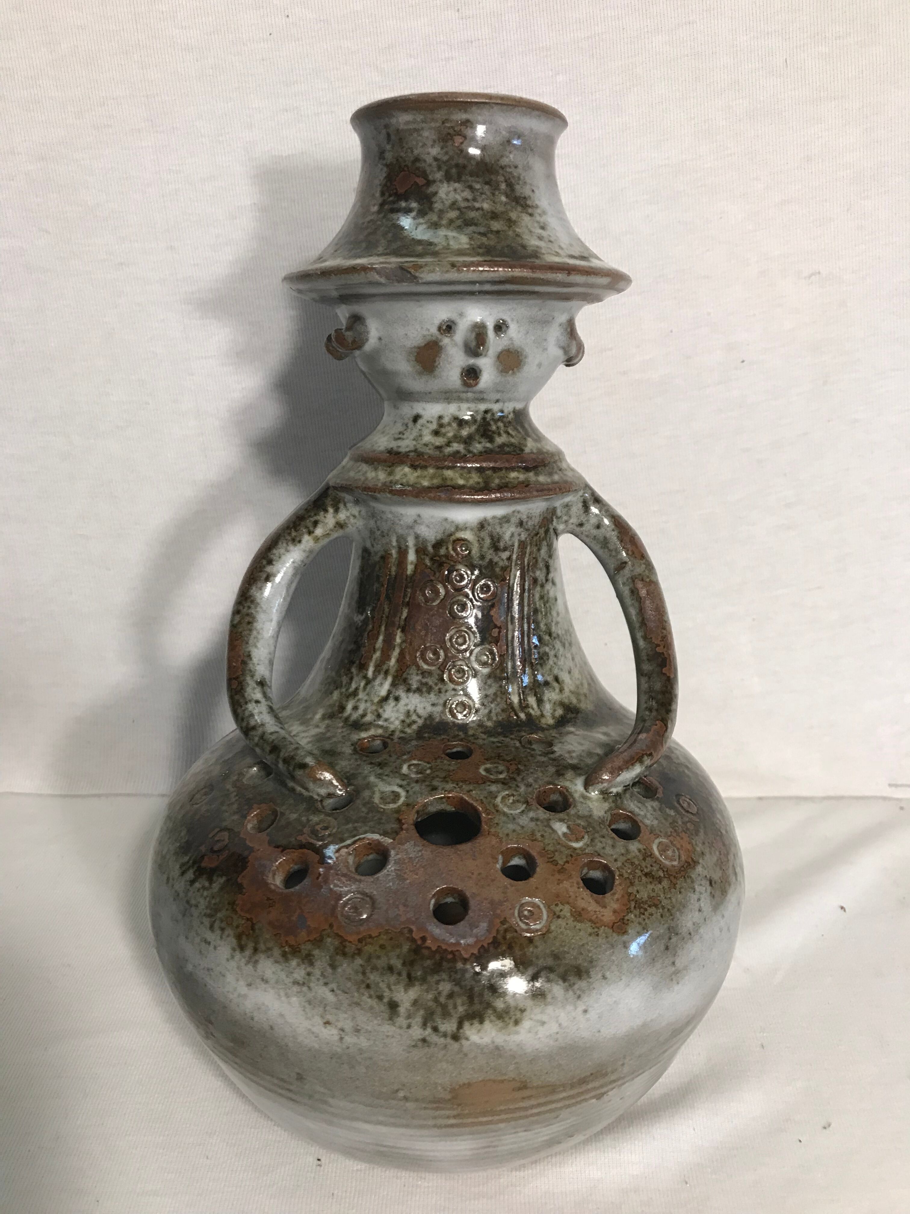 Old man gray Brown ceramic Vase + Spades flowers Decoration Vintage