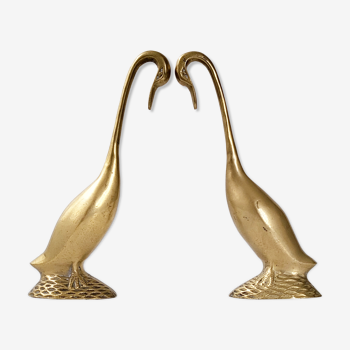 Pair of vintage swans 1970 golden brass.