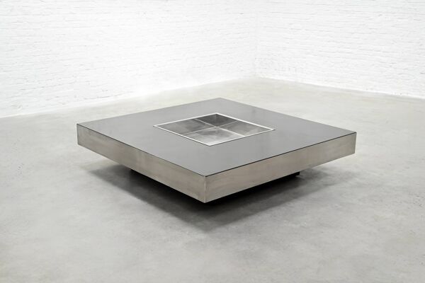 Table basse chromée et laquée avec bar intégré, années 1970