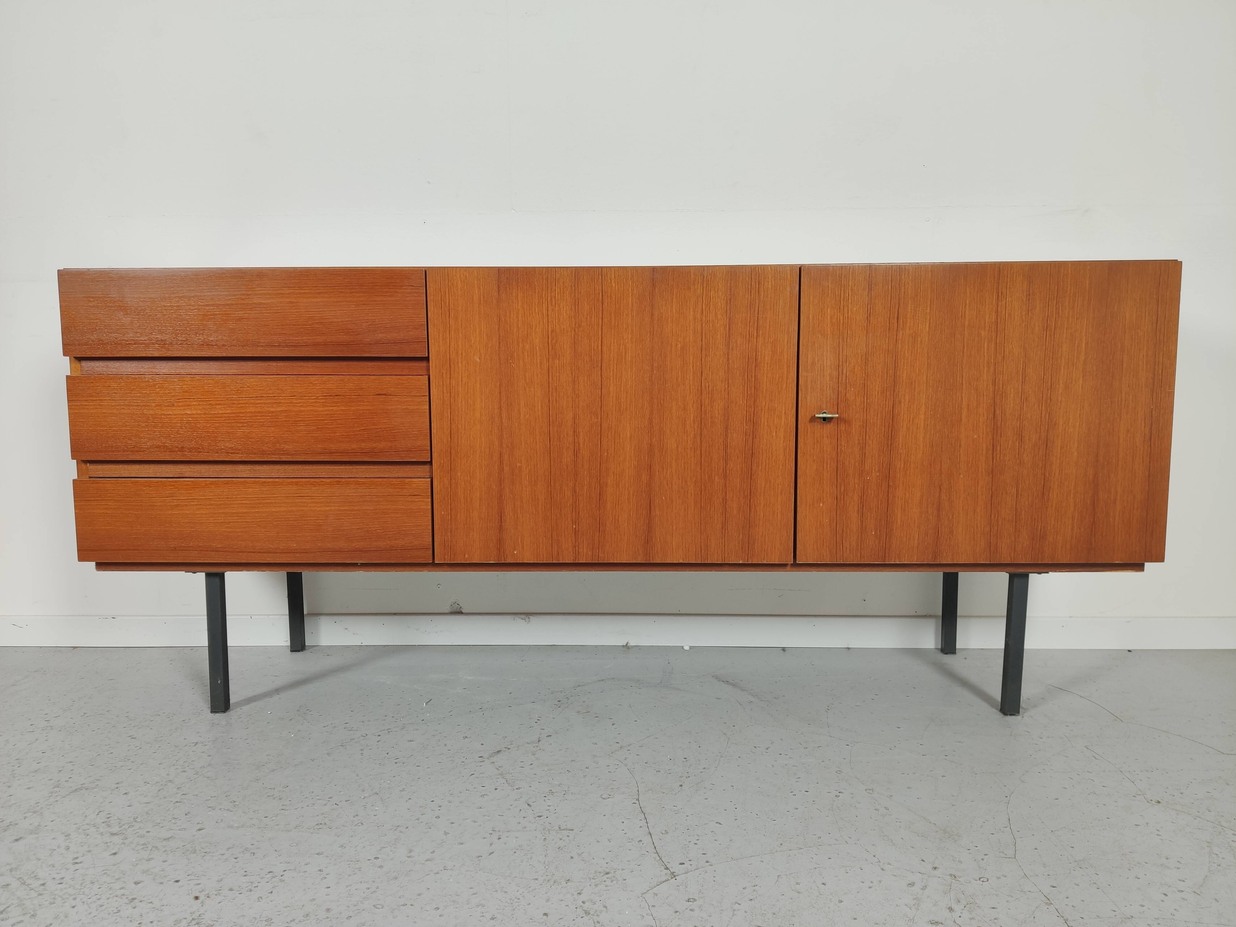 Scandinavian vintage teak and metal long sideboard, 60s