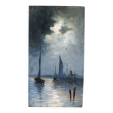 Oil on panel - Moonlight on the Thames in London