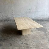 Light beige travertine Italian minimalist coffee table, solid natural stone 1980s