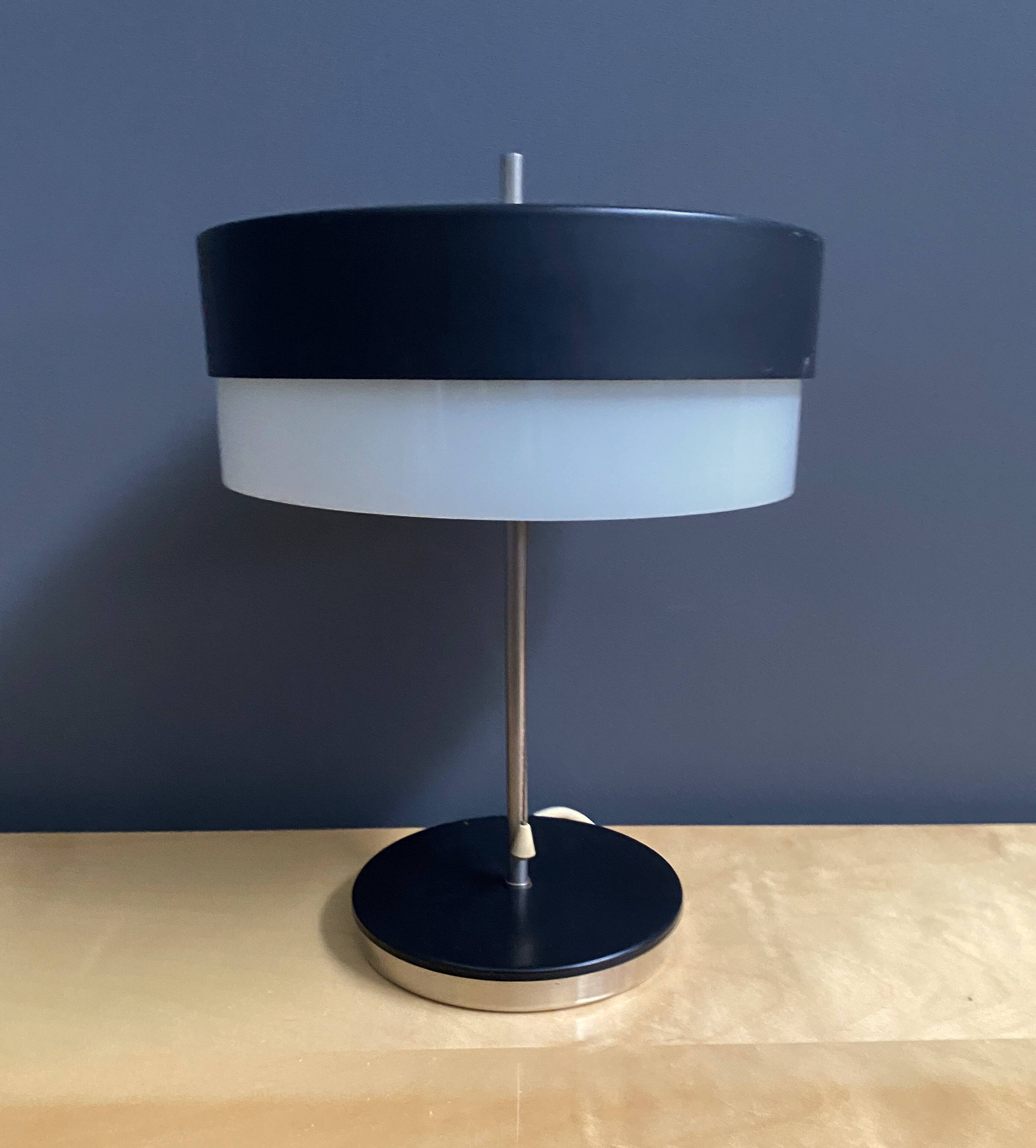 Table lamp in black metal and white glass, by Kamenicky Senov 1960s
