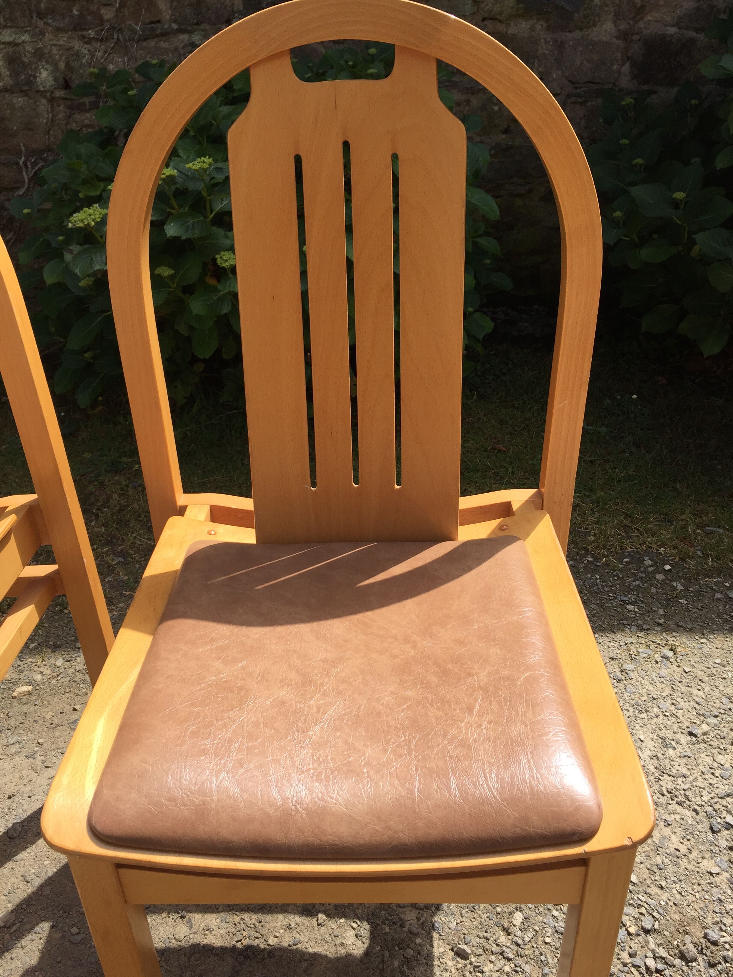 Vintage Baumann chairs in beech, seats in beige brown Skaï, series of 6.