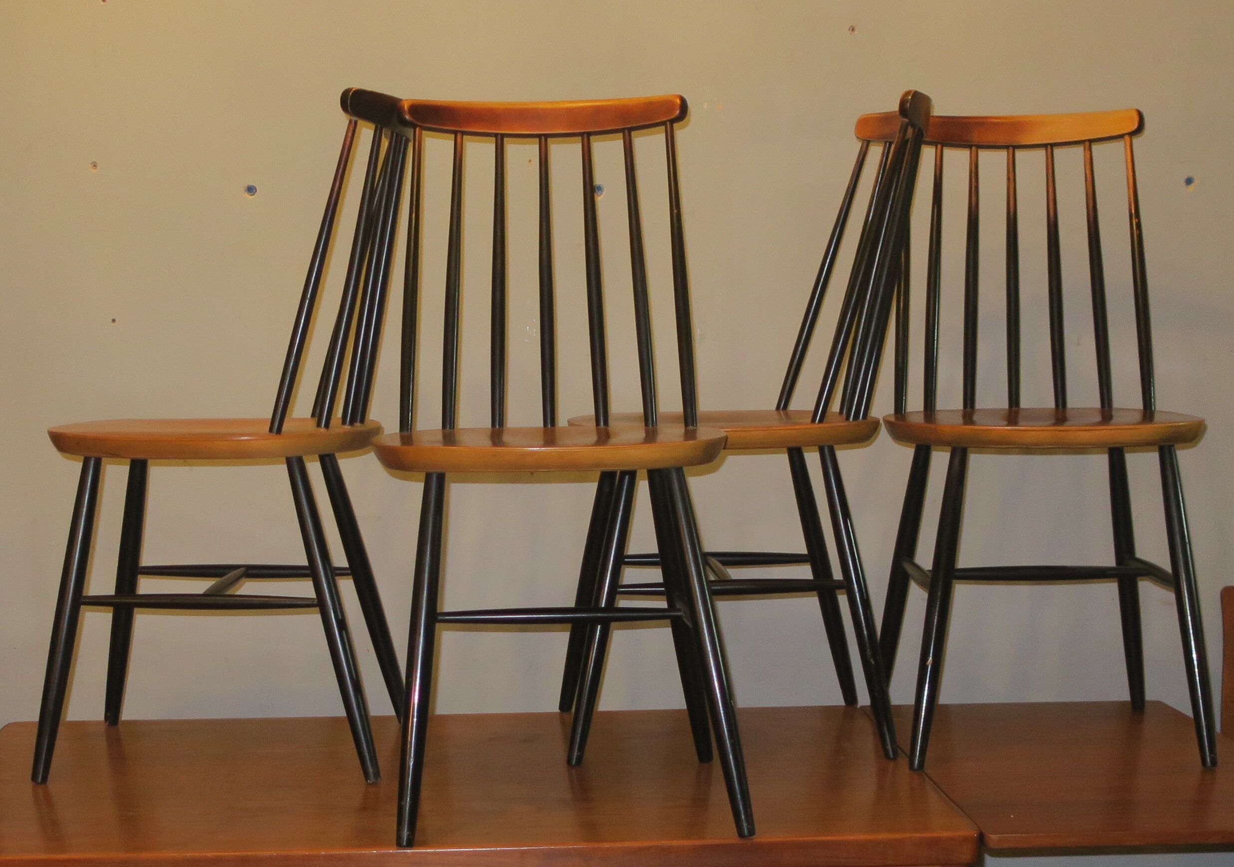 Vintage set of 4 ercol ebonized stick back chairs 1950s