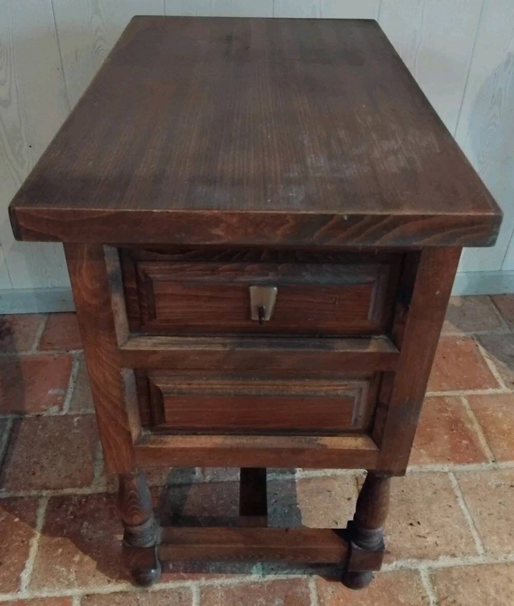 Antique wooden side table with 2 vintage drawers